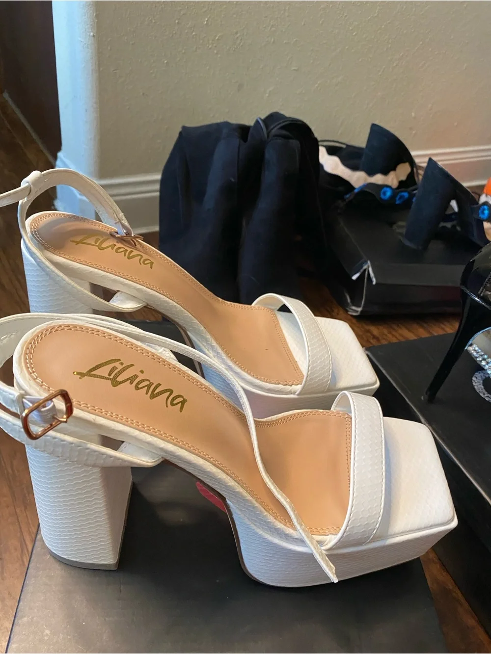 Elevated White Platform Block Heels with Slingback Strap